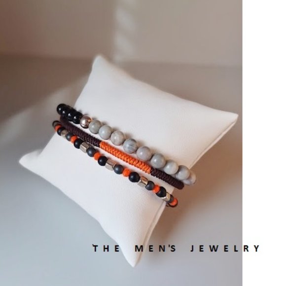 New men's jasper & sterling silver & Orange hand woven 3 pieces set bracelets - Picture 2 of 9